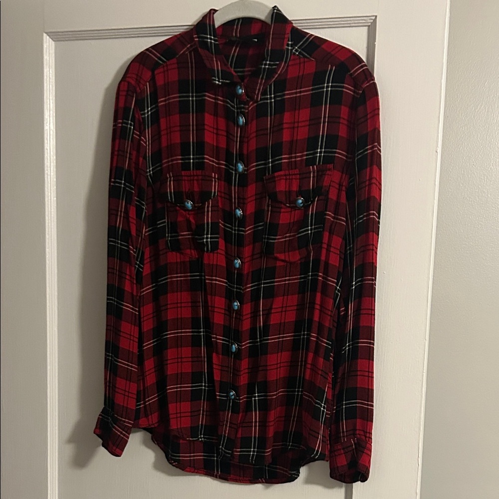 The Kooples Red and Black Plaid flannel Button Down Shirt with Turquoise buttons